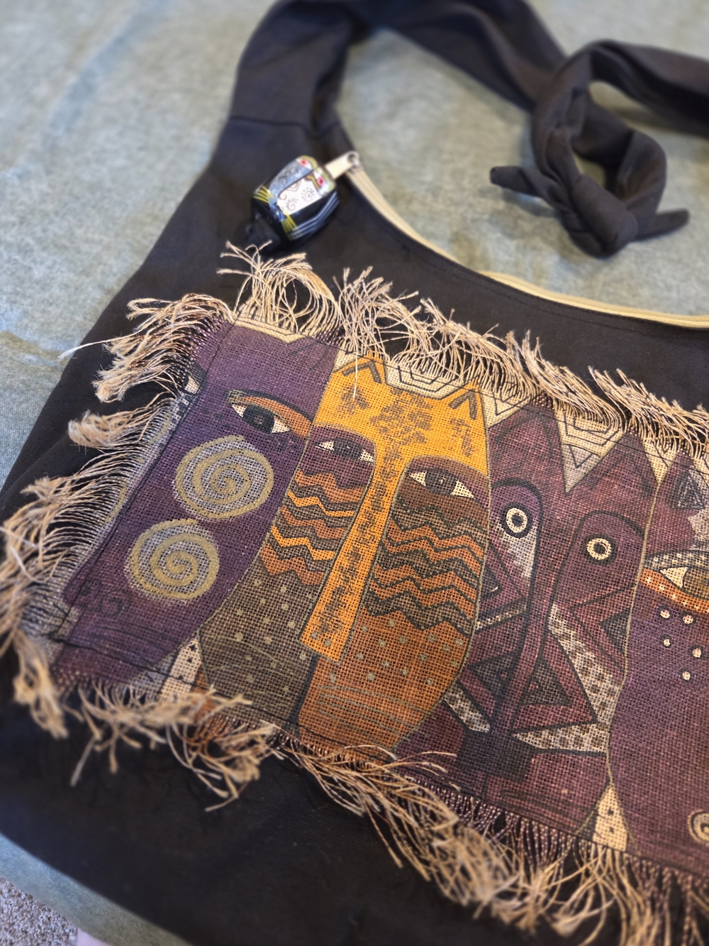Laurel Burch Black Hobo Bag with Purple and Gold Cats - Picture 6 of 15